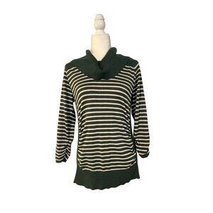 89th & Madison Green & White Striped Sweater With Cowl Neck & 3/4 Sleeves